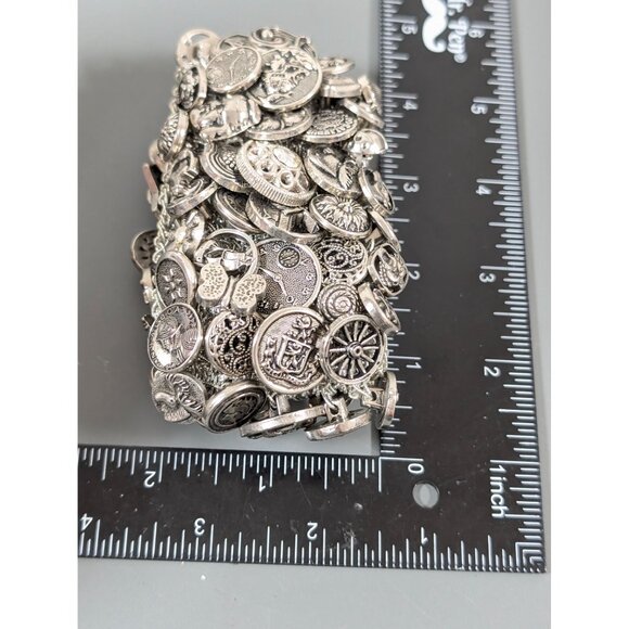 Vintage Silver Tone Button Cluster Wide Stretch Bracelet 6.5" - Picture 8 of 9